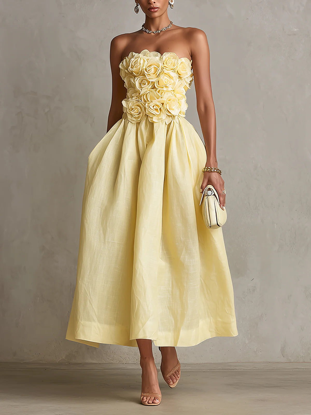 Yellow 3D Flower Strapless Midi Dress