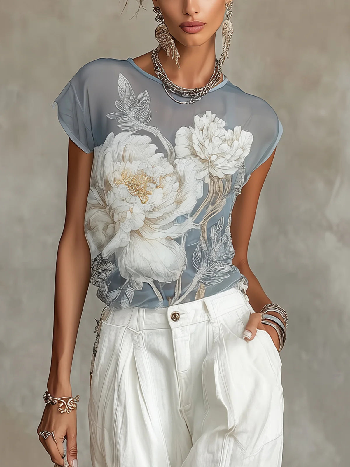 Blue Floral Chiffon Blouse
