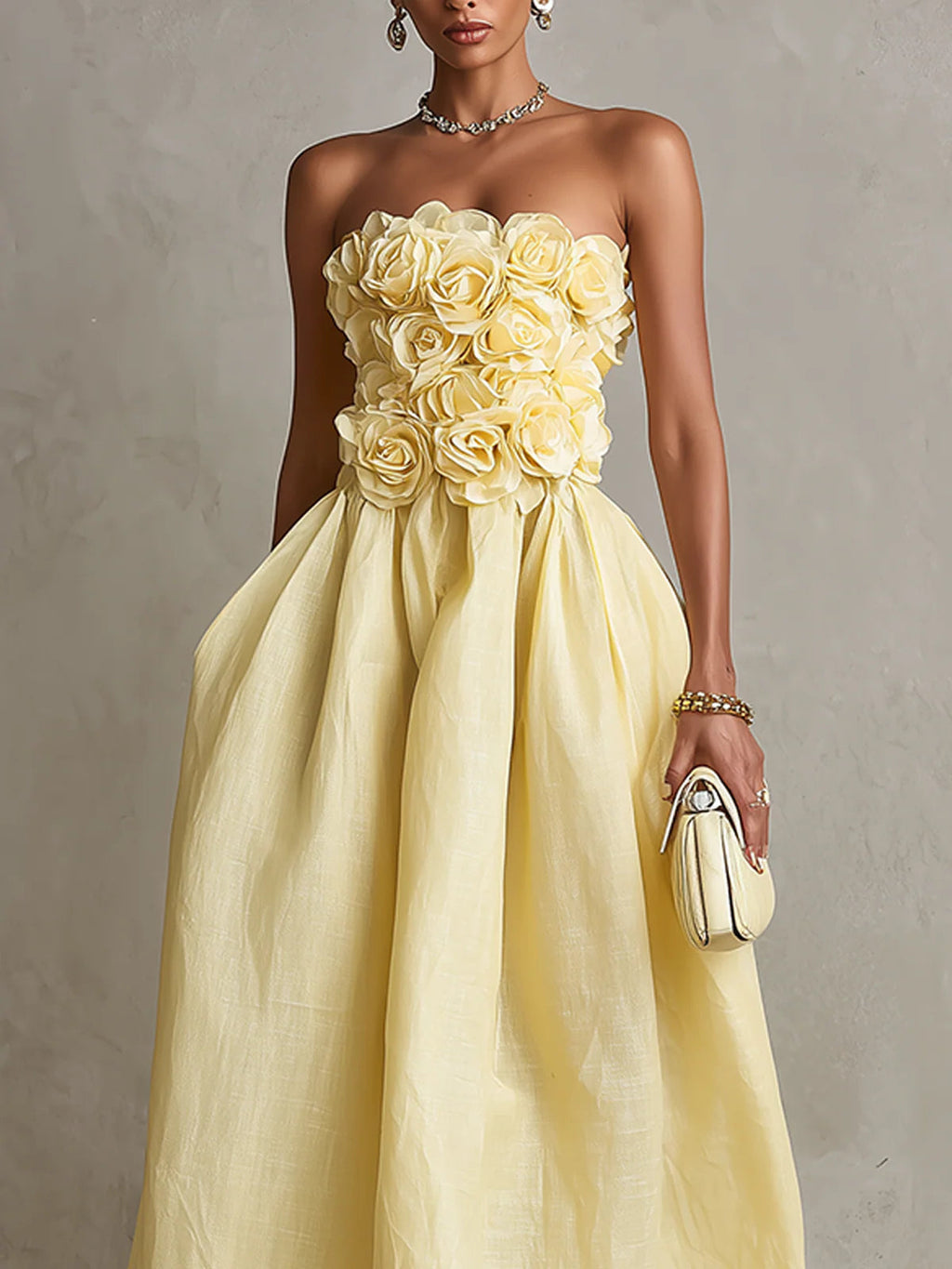Yellow 3D Flower Strapless Midi Dress