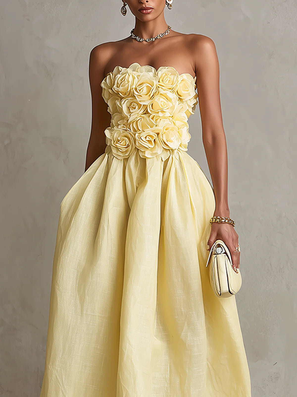Yellow 3D Flower Strapless Midi Dress