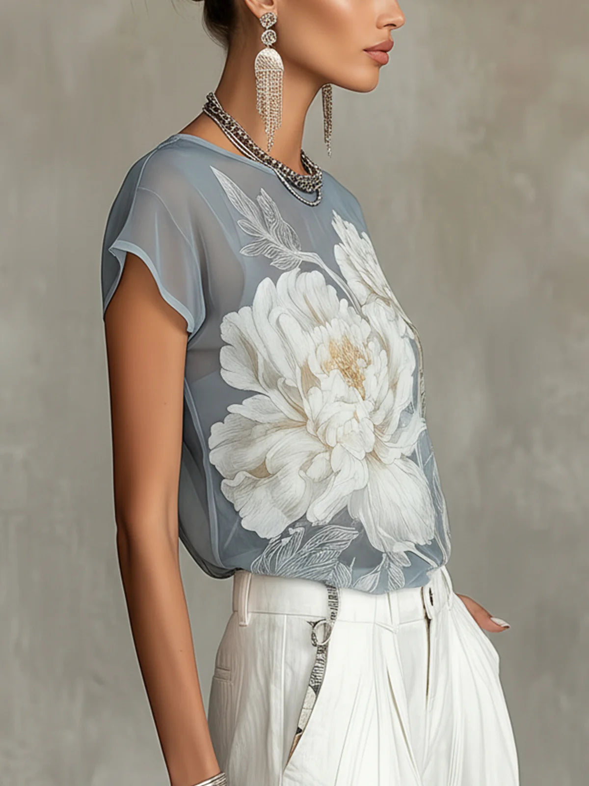 Blue Floral Chiffon Blouse