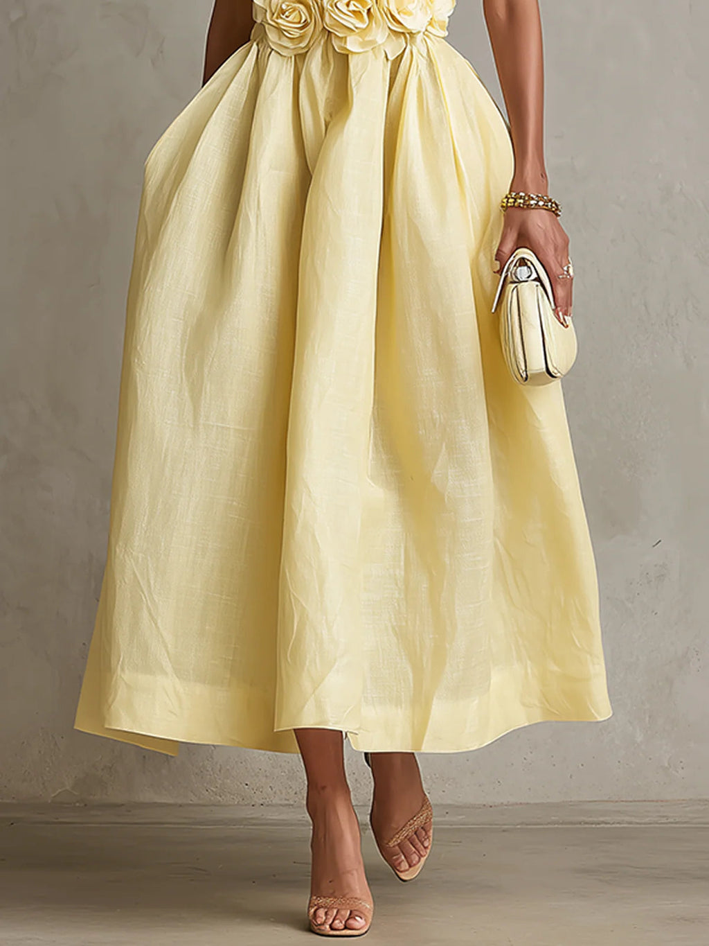 Yellow 3D Flower Strapless Midi Dress
