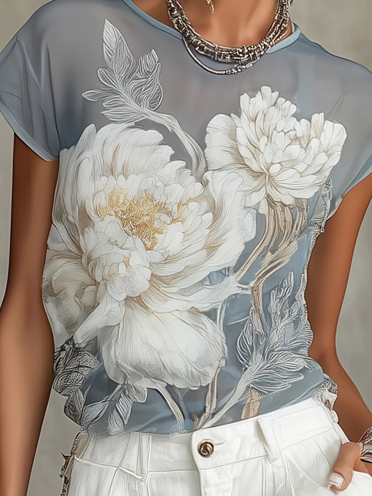 Blue Floral Chiffon Blouse
