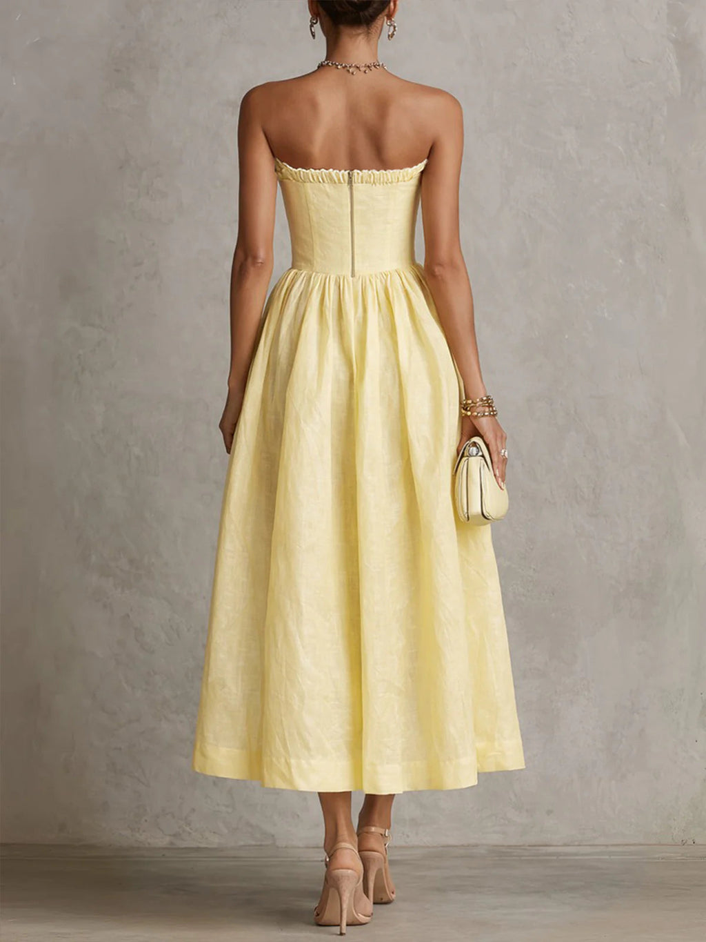 Yellow 3D Flower Strapless Midi Dress