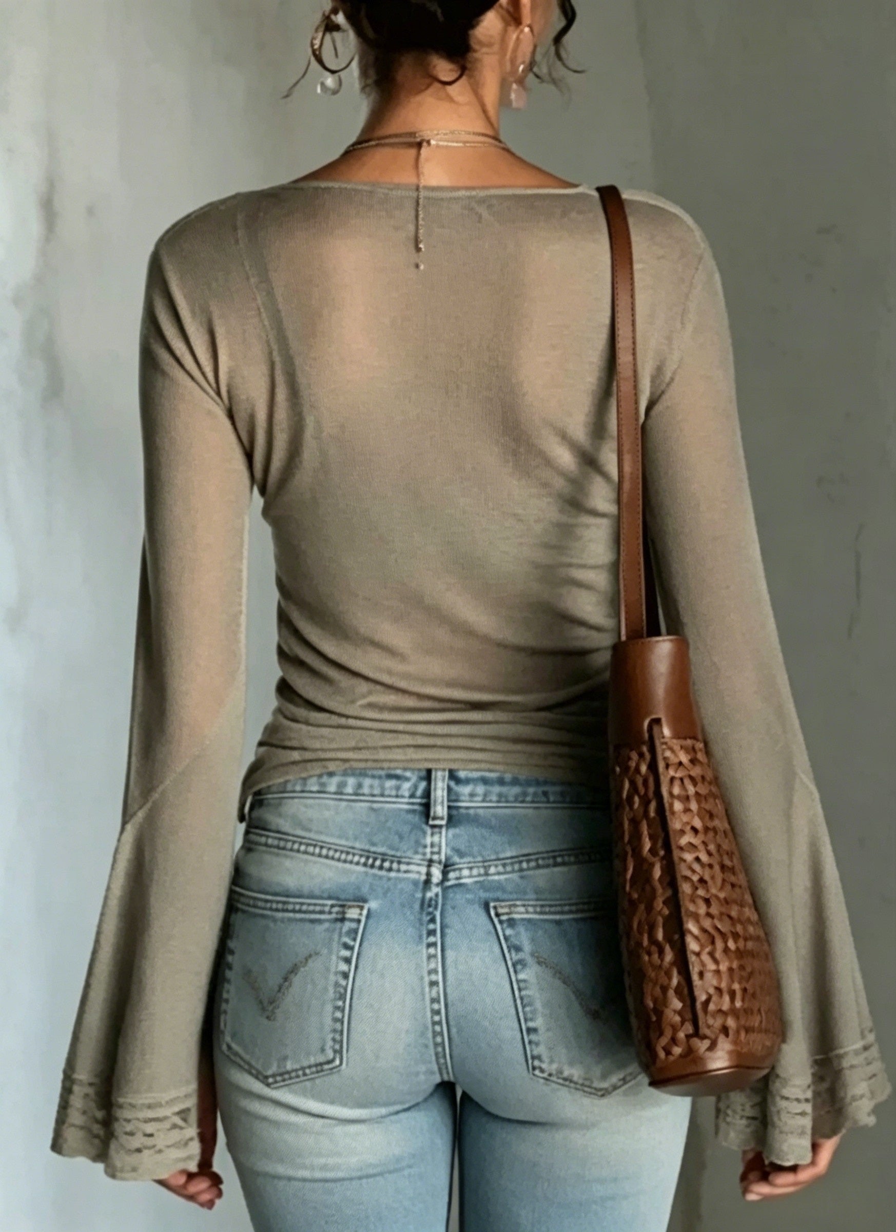 Sage Green Sheer Mesh Wrap Bell Sleeve Top