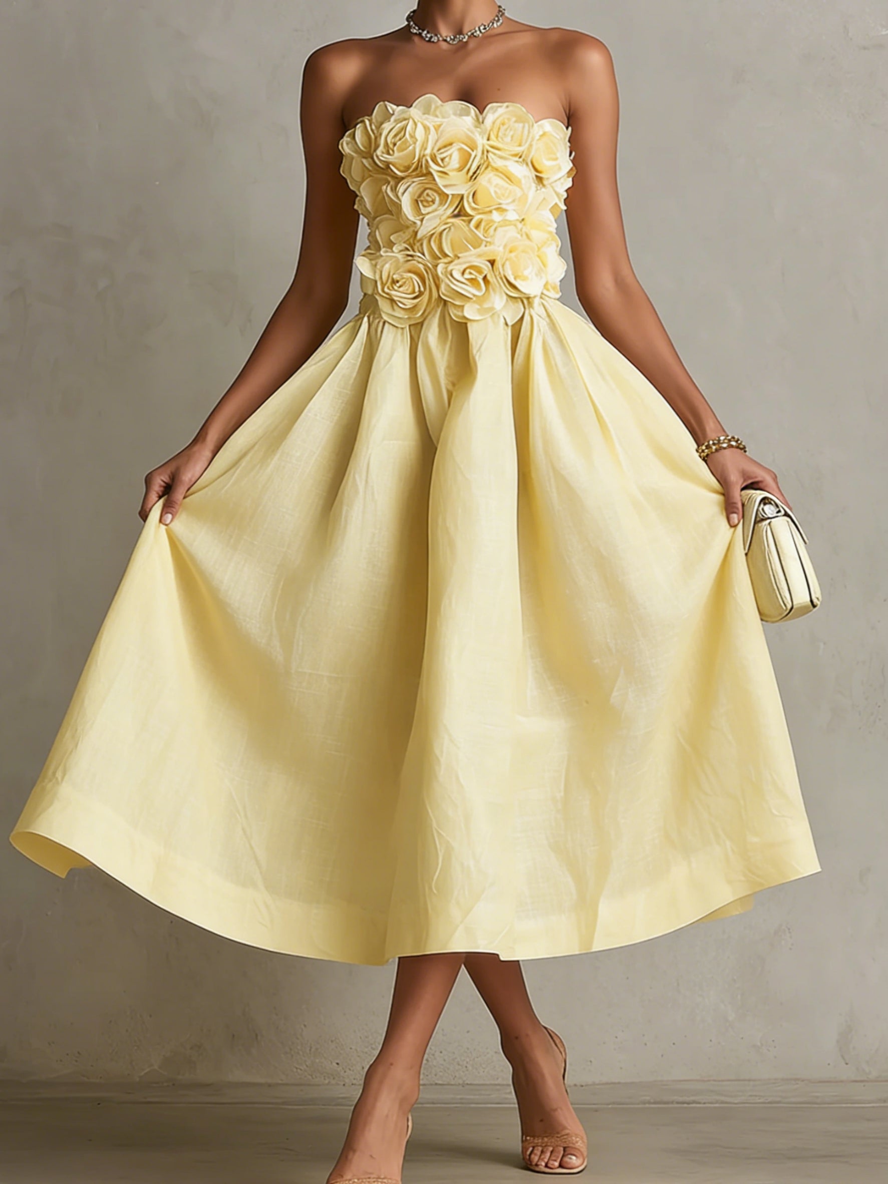Yellow 3D Flower Strapless Midi Dress