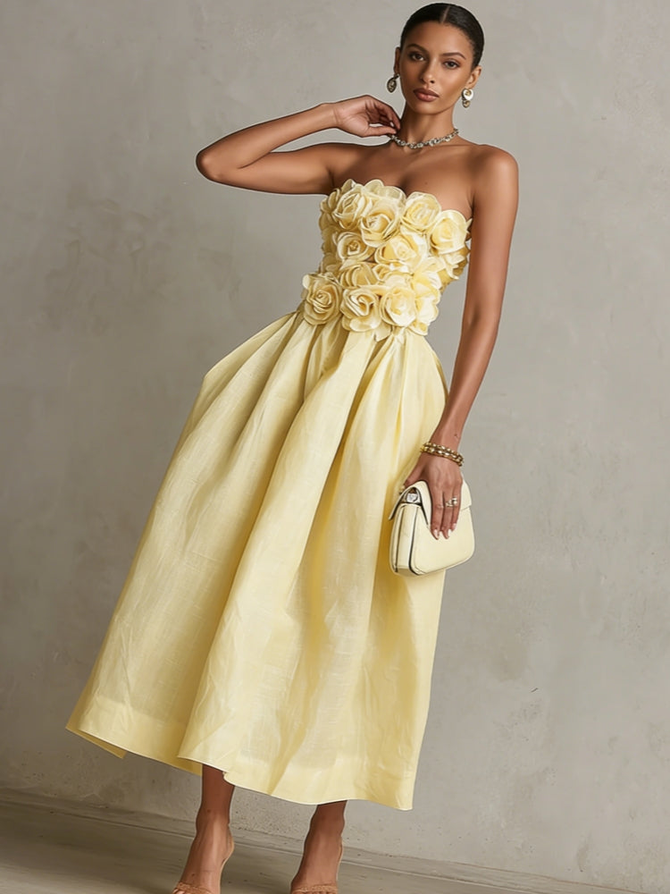 Yellow 3D Flower Strapless Midi Dress