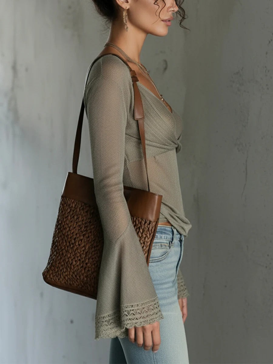 Sage Green Sheer Mesh Wrap Bell Sleeve Top