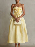 Yellow 3D Flower Strapless Midi Dress
