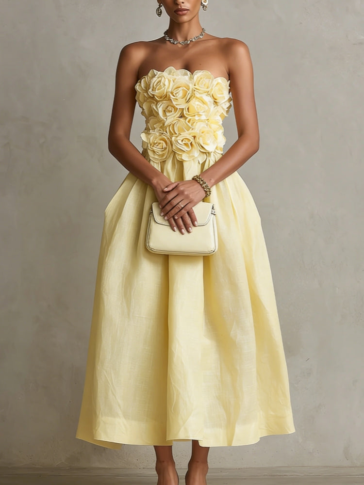 Yellow 3D Flower Strapless Midi Dress