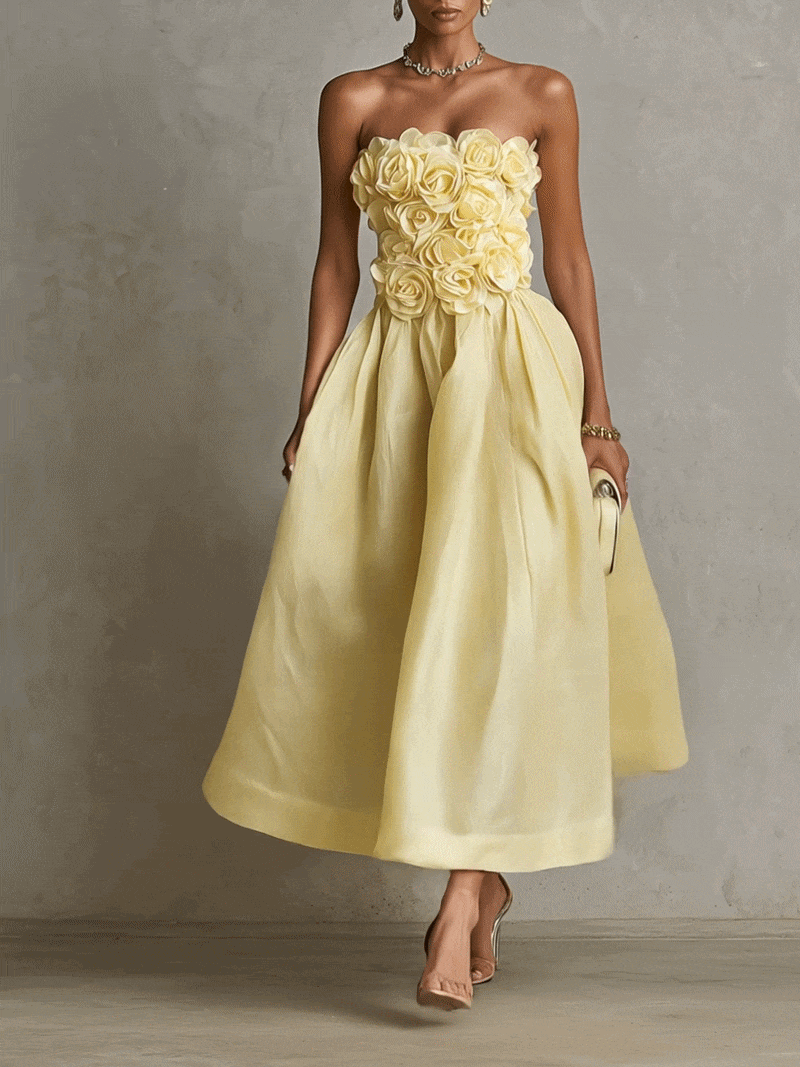 Yellow 3D Flower Strapless Midi Dress
